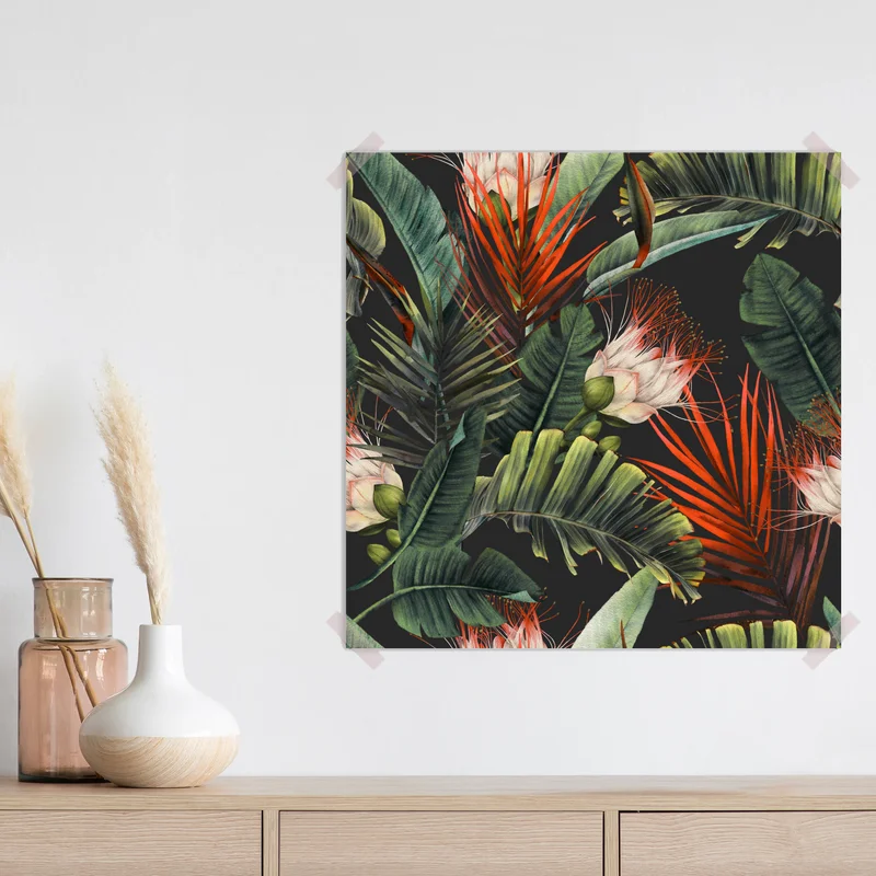 Poster tropisches aquarell-blumenmuster auf dunklem hintergrund • Poster bei Wallnifity® Poster tropisches aquarell-blumenmuster auf dunklem hintergrund • Poster bei Wallnifity®