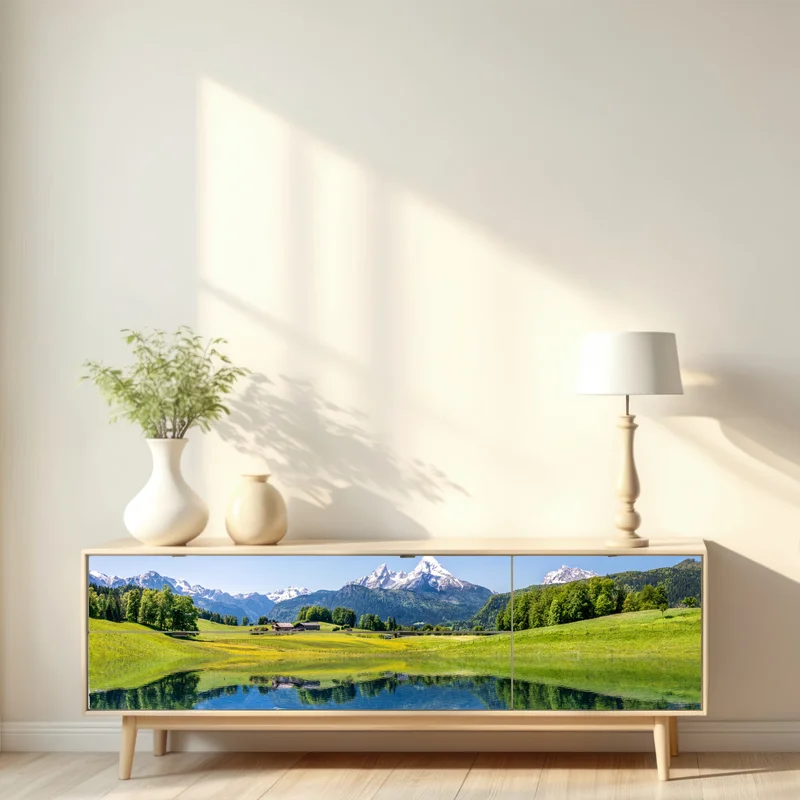 Repositionierbarer Aufkleber alpenpanorama mit spiegelung im see