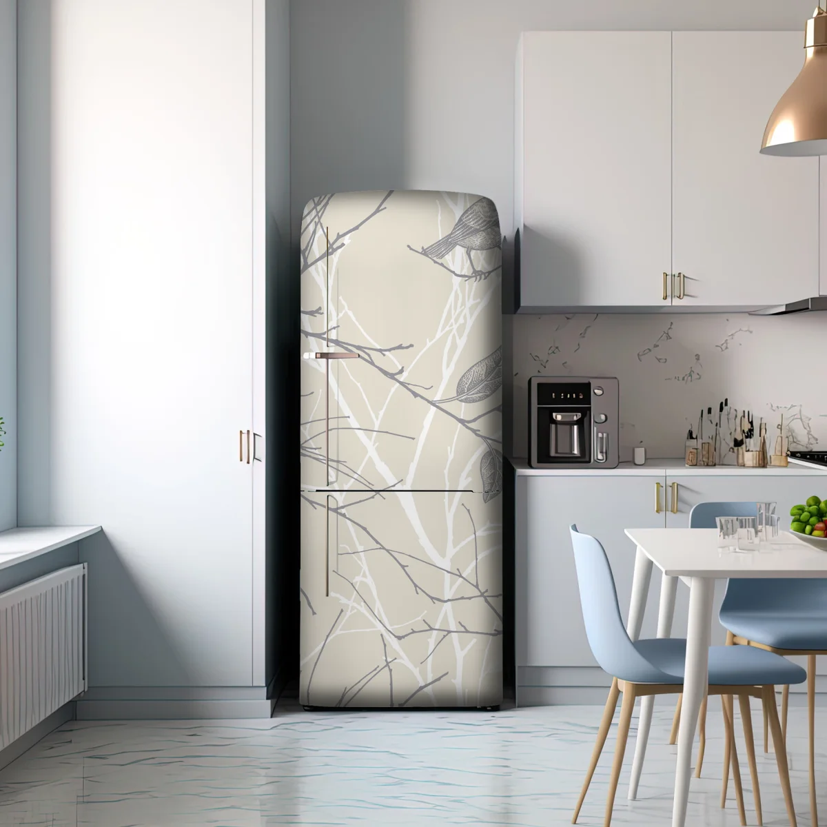 Kühlschrankaufkleber zartes beiges muster mit vögeln und ästen Kühlschrankaufkleber zartes beiges muster mit vögeln und ästen
