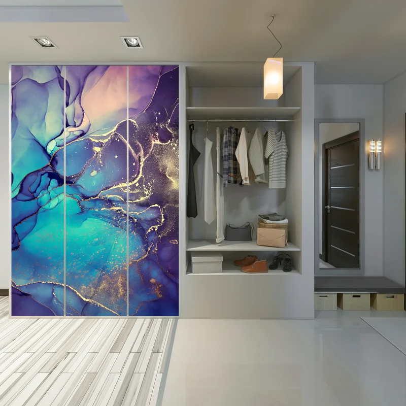 Schrankaufkleber türkis und gold fließende marmorabstraktion