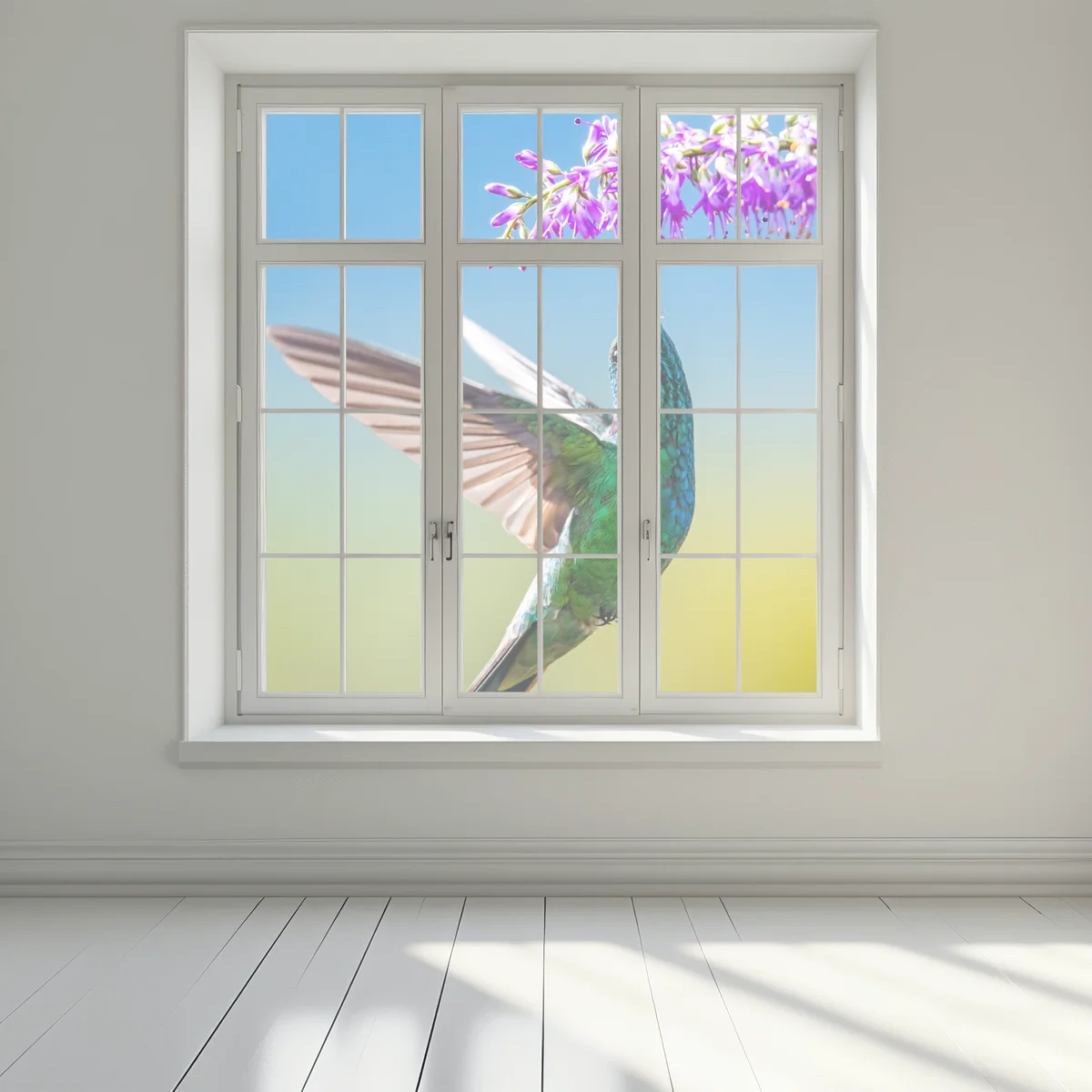 Fensteraufkleber kolibri an violetter blüte Fensteraufkleber kolibri an violetter blüte