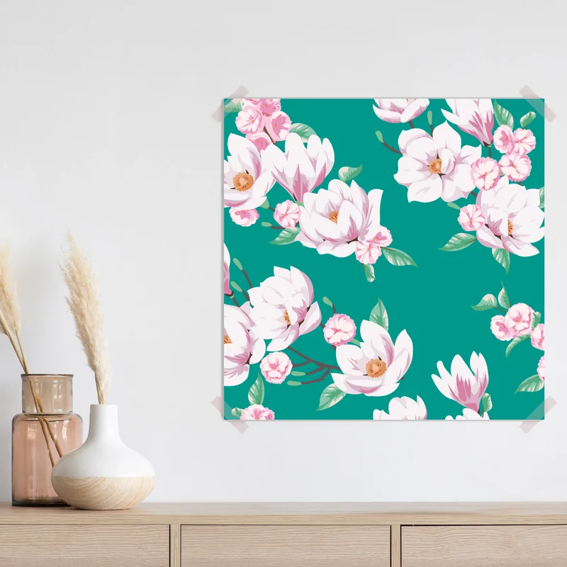 Poster pastell magnolienmuster auf türkisfarbenem hintergrund Poster pastell magnolienmuster auf türkisfarbenem hintergrund