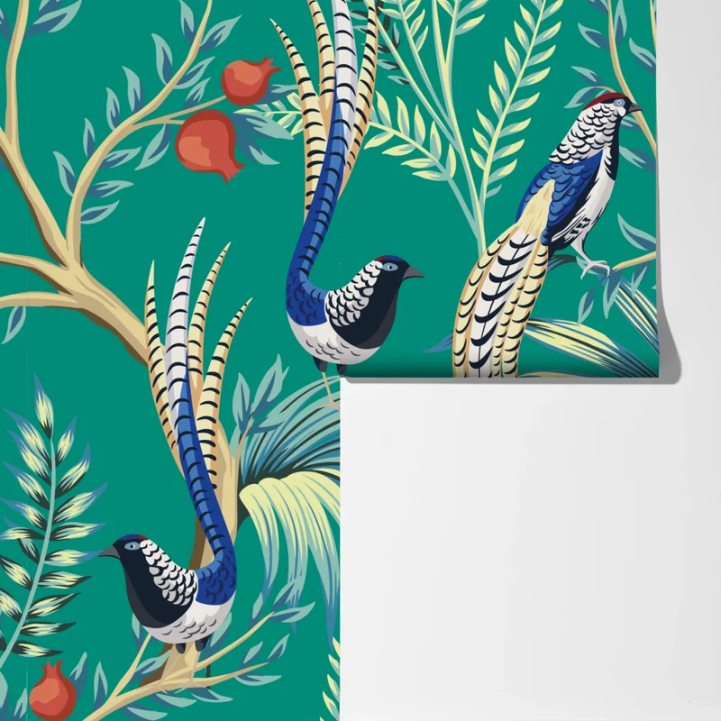 Fototapete exotisches vogelmuster mit granatäpfeln Fototapete exotisches vogelmuster mit granatäpfeln
