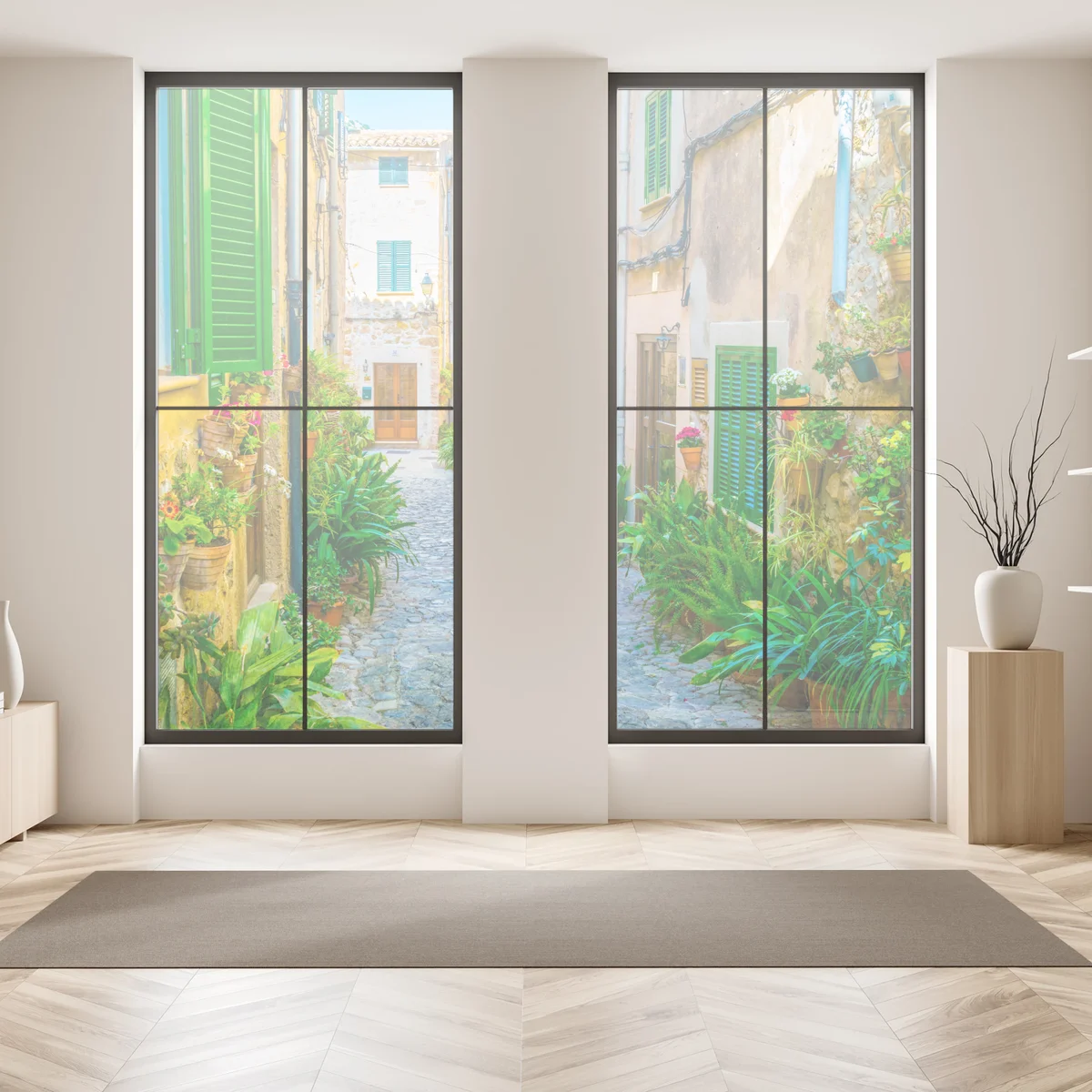 Fensteraufkleber sonnige gasse mit grünen fensterläden Fensteraufkleber sonnige gasse mit grünen fensterläden