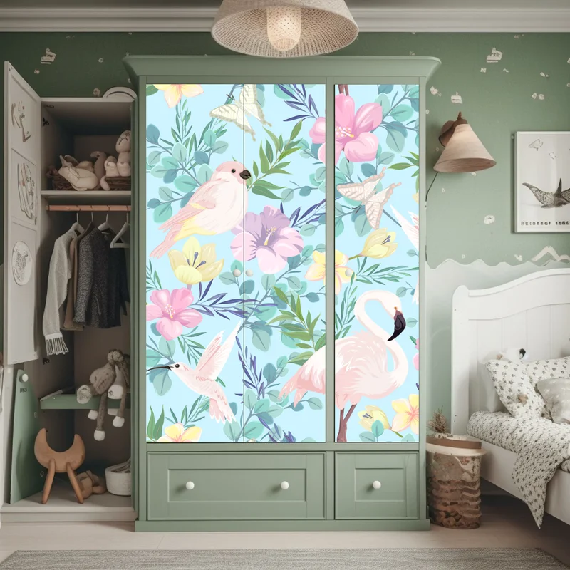 Schrankaufkleber pastell tropisches vögel- und blumenmuster