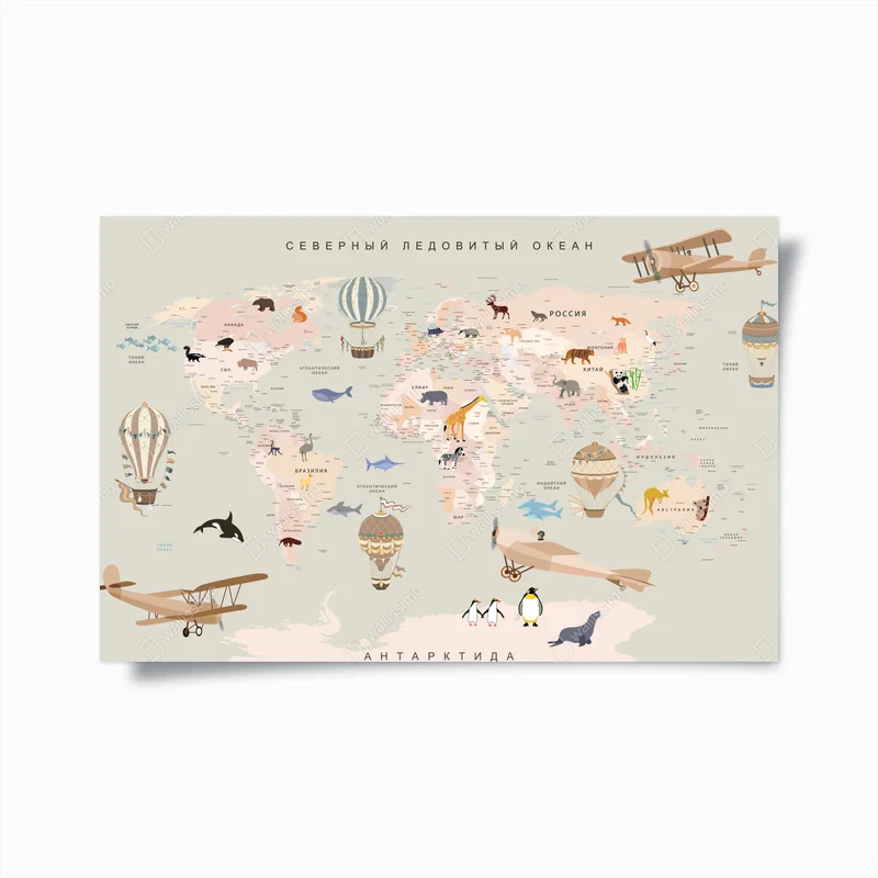 Poster pastell weltkarte mit tieren • Poster bei Wallnifity® Poster pastell weltkarte mit tieren • Poster bei Wallnifity®