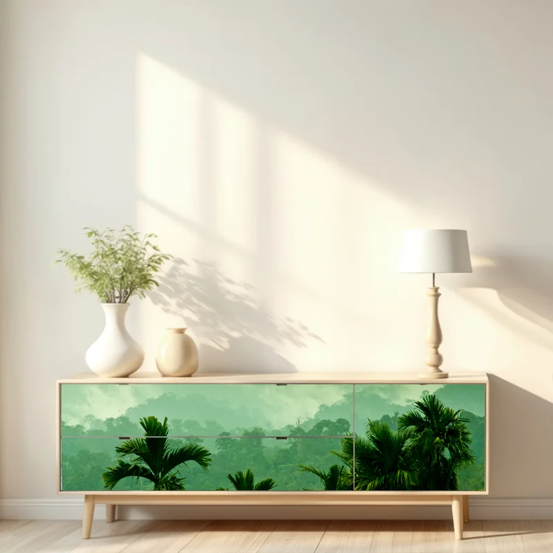 Repositionierbarer Aufkleber neblige tropische dschungellandschaft