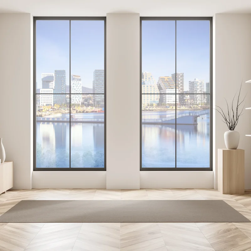 Fensteraufkleber moderne ufer skyline mit spiegelungen Fensteraufkleber moderne ufer skyline mit spiegelungen