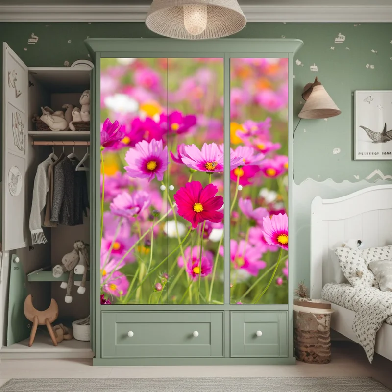 Schrankaufkleber rosa kosmeenwiese in blüte Schrankaufkleber rosa kosmeenwiese in blüte