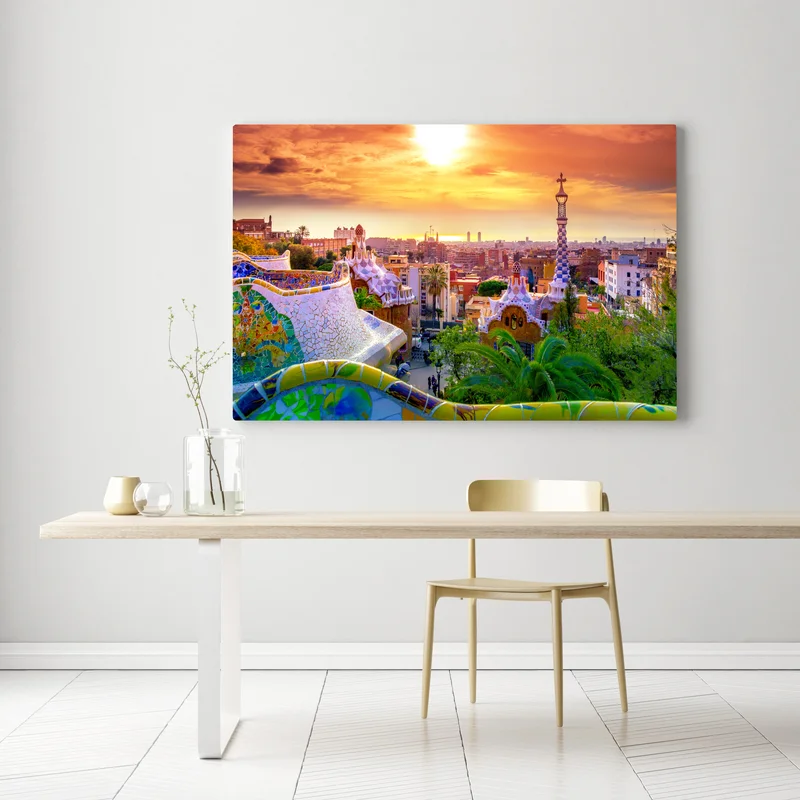 Leinwandbild sonnenuntergang über Park Güell in Barcelona Leinwandbild sonnenuntergang über Park Güell in Barcelona