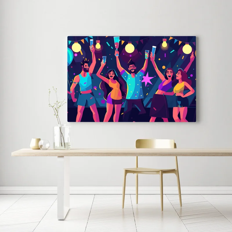 Leinwandbild Gruppenfreunde feiern nächtliche Party. Junge Männer Frauen verschiedener Ethnien trinken Cocktails. Bunte Lichter Luftballons fröhliche Atmosphäre tanzende DJ-Bude • Leinwandbilder bei Wallnifity® Leinwandbild Gruppenfreunde feiern nächtliche Party. Junge Männer Frauen verschiedener Ethnien trinken Cocktails. Bunte Lichter Luftballons fröhliche Atmosphäre tanzende DJ-Bude • Leinwandbilder bei Wallnifity®