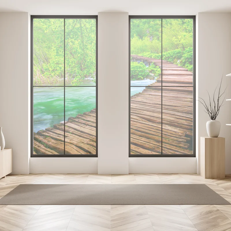 Fensteraufkleber ruhiger grüner steg über dem fluss