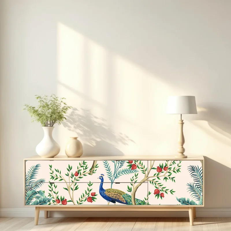 Repositionierbarer Aufkleber pfau zwischen granatästen