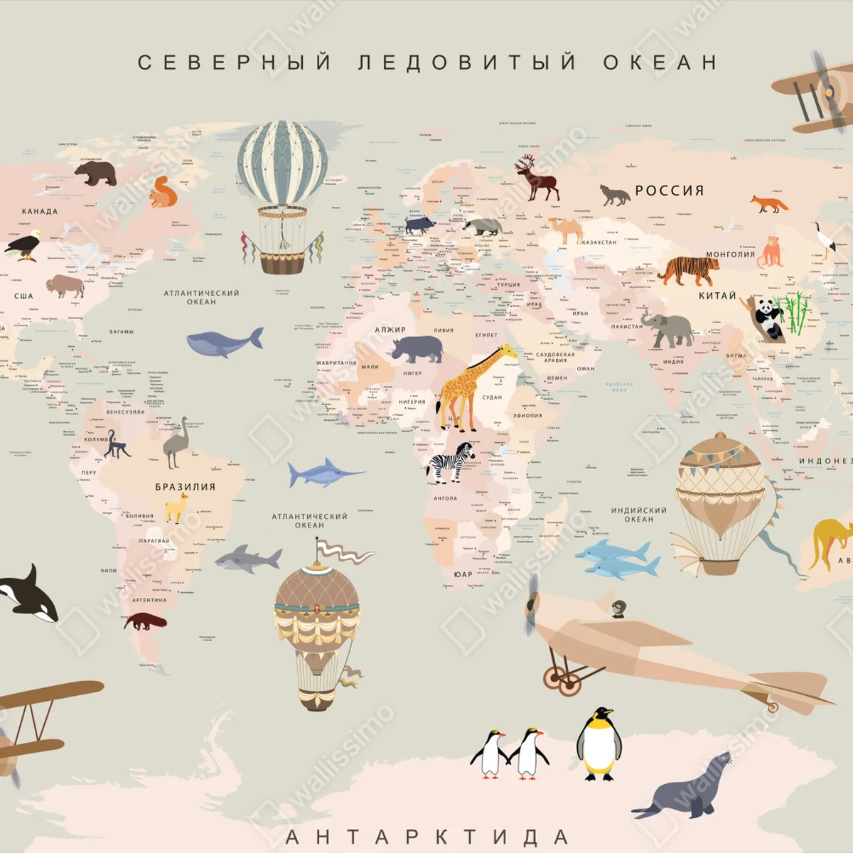 Poster pastell weltkarte mit tieren • Poster bei Wallnifity® Poster pastell weltkarte mit tieren • Poster bei Wallnifity®