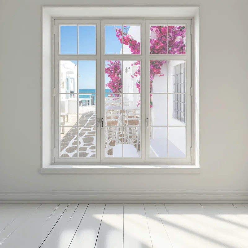 Fensteraufkleber sonnige mediterrane gasse mit bougainvillea