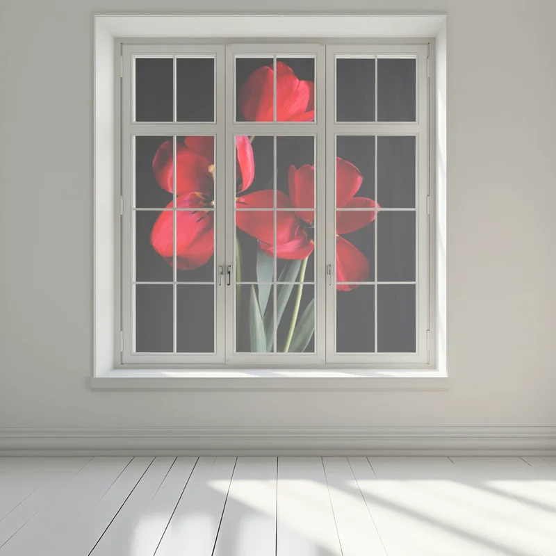 Fensteraufkleber drei rote tulpen vor schwarzem hintergrund