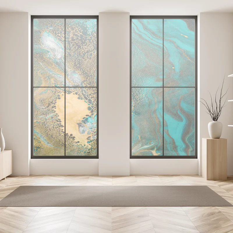 Fensteraufkleber türkis und gold fließende abstraktion