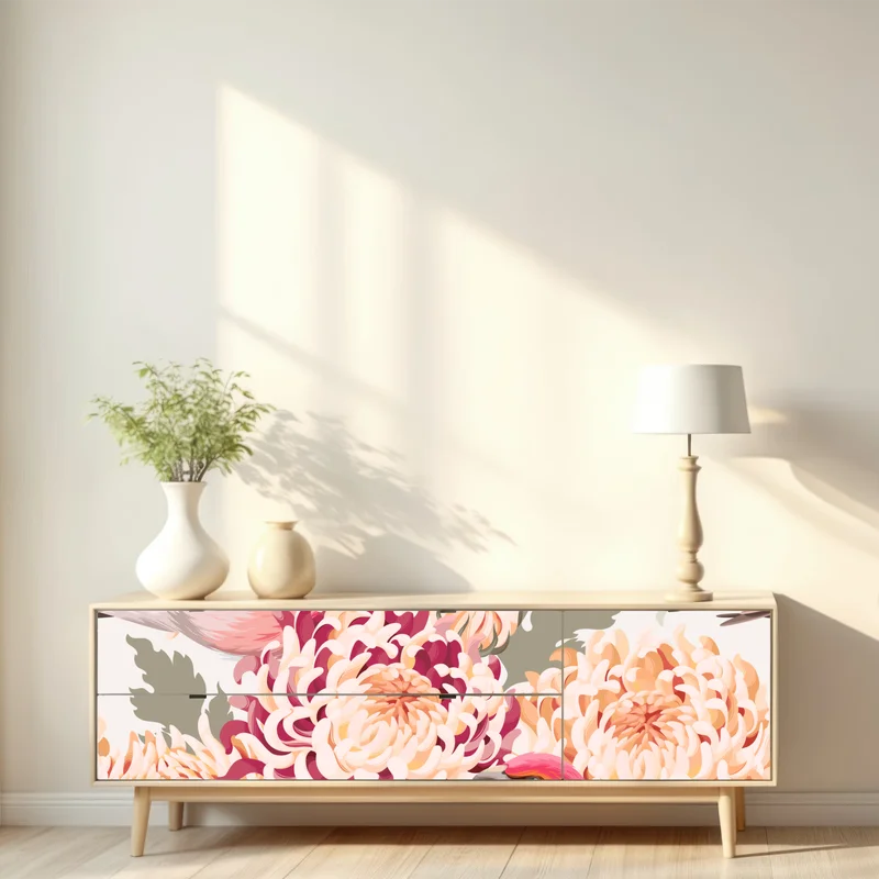 Repositionierbarer Aufkleber rosa vögel und chryzanthemenmuster