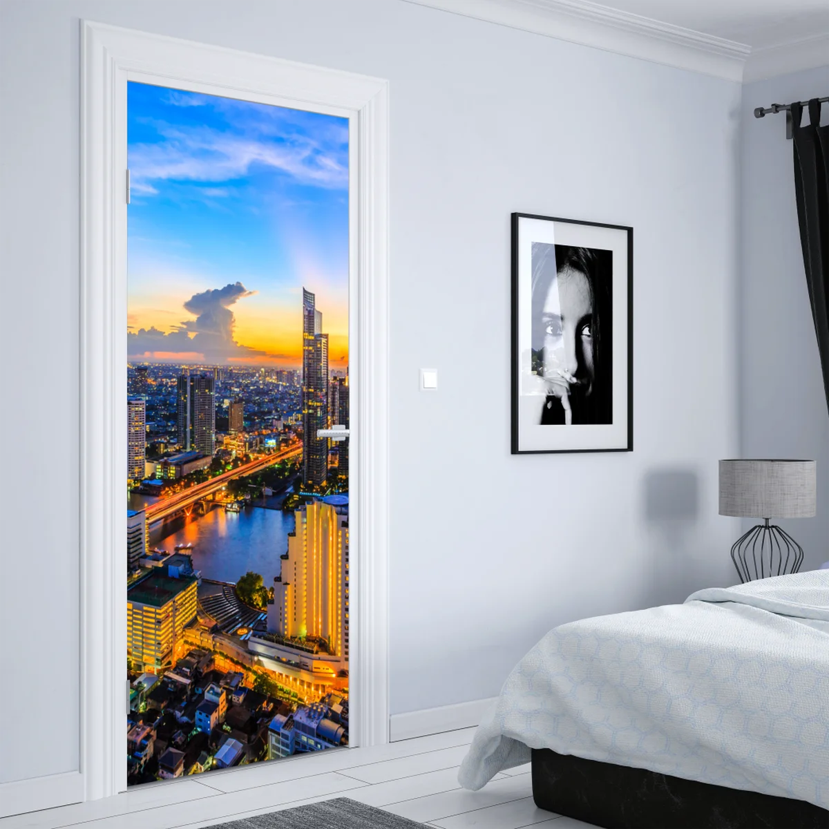 Türaufkleber lebendige stadtskyline bei dämmerung Türaufkleber lebendige stadtskyline bei dämmerung