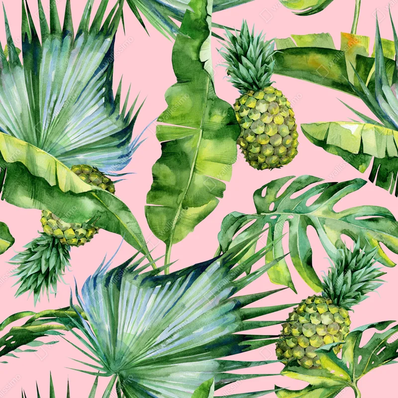 Tischaufkleber und Schreibtischaufkleber tropisches ananas- und blattmuster in aquarell auf rosa hintergrund Tischaufkleber und Schreibtischaufkleber tropisches ananas- und blattmuster in aquarell auf rosa hintergrund