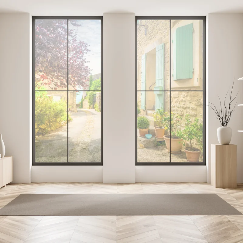 Fensteraufkleber sonnenbeschienene dorfstraße mit steinhäusern und bunten fensterläden Fensteraufkleber sonnenbeschienene dorfstraße mit steinhäusern und bunten fensterläden