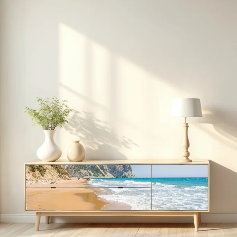 Repositionierbarer Aufkleber sonniger türkisfarbener strand mit klippen