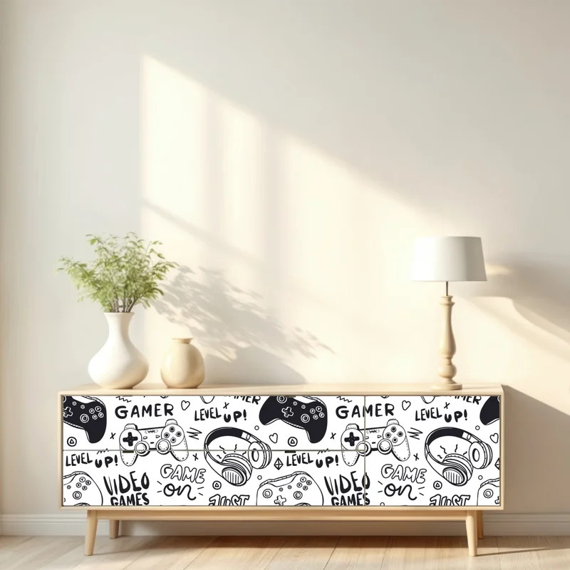 Repositionierbarer Aufkleber doodle-muster mit videospiel-controllern Repositionierbarer Aufkleber doodle-muster mit videospiel-controllern