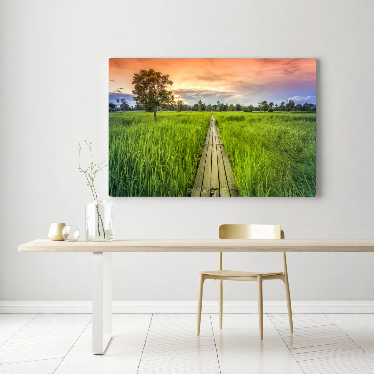 Leinwandbild sonnenuntergang über einer hölzernen brücke in Khonburi Leinwandbild sonnenuntergang über einer hölzernen brücke in Khonburi
