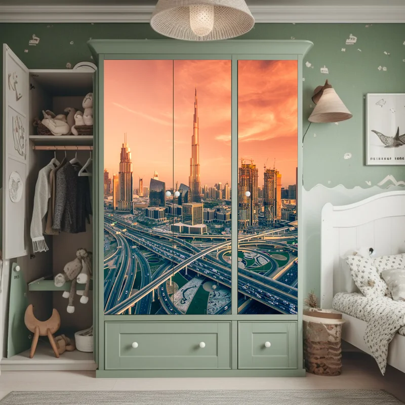 Schrankaufkleber Dubai skyline bei sonnenuntergang