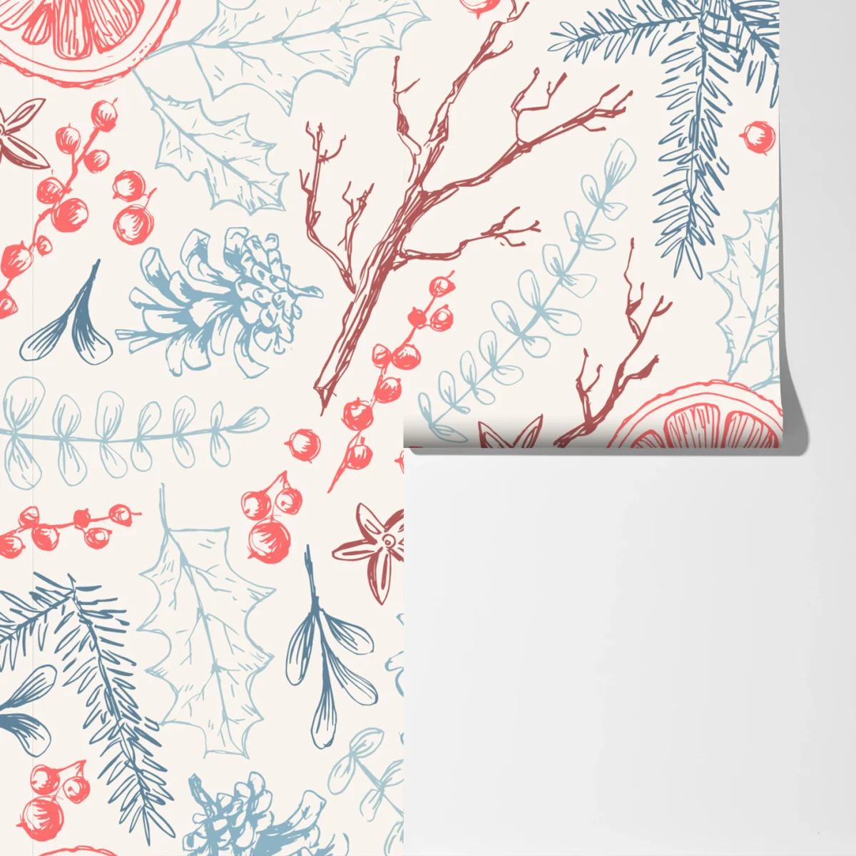 Fototapete handgezeichnetes winterliches botanisches muster Fototapete handgezeichnetes winterliches botanisches muster