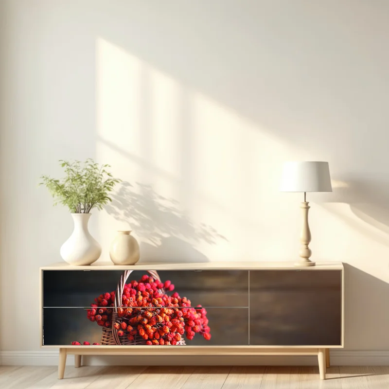 Repositionierbarer Aufkleber herbstliche vogelbeeren im weidenkorb