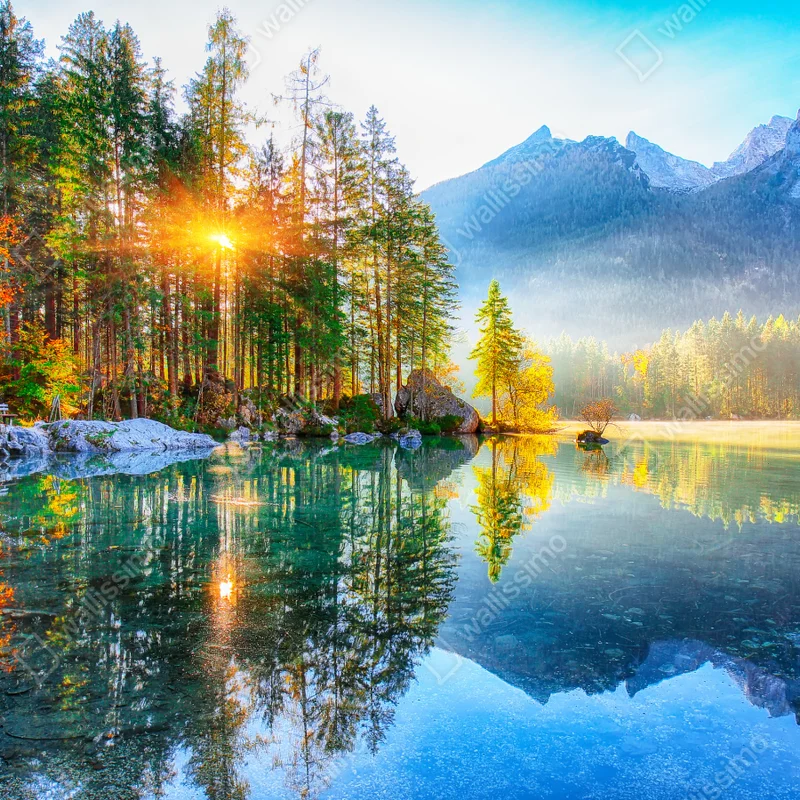 Leinwandbild Hintersee herbstlicher sonnenaufgang über dem türkisfarbenen see Leinwandbild Hintersee herbstlicher sonnenaufgang über dem türkisfarbenen see