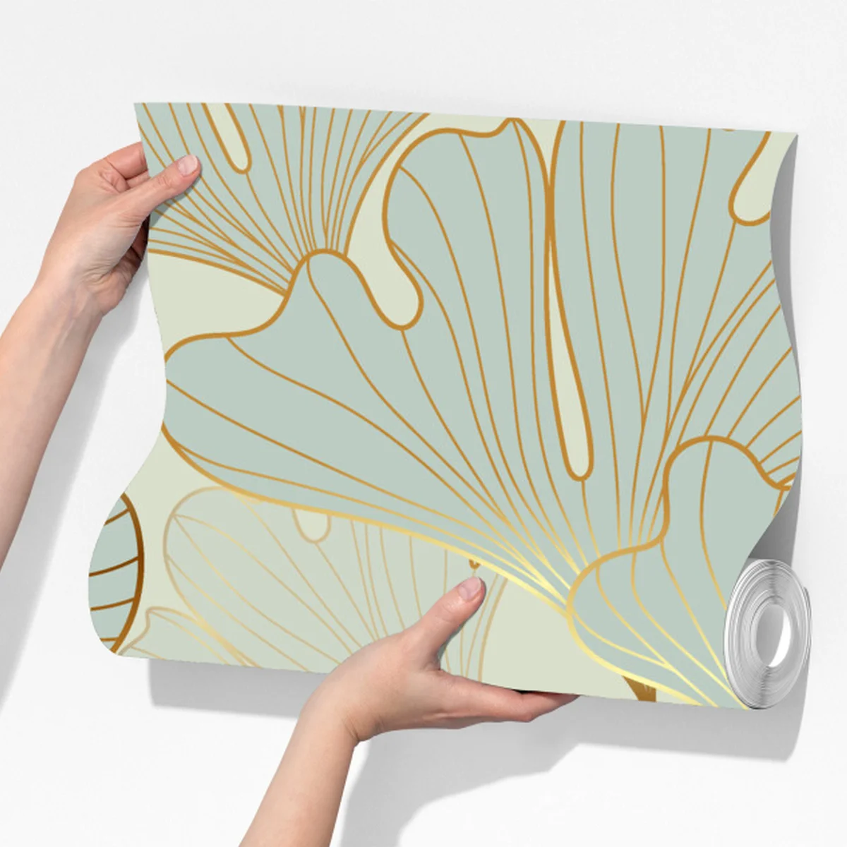 Fototapete pastell ginkgo blättermuster mit goldakzenten Fototapete pastell ginkgo blättermuster mit goldakzenten