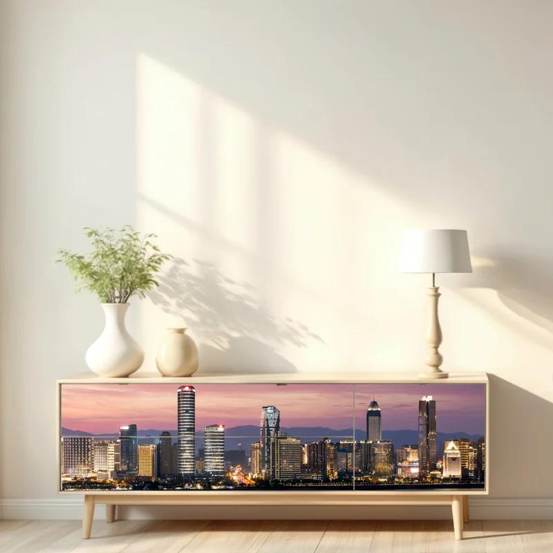 Repositionierbarer Aufkleber ruhige stadtskyline bei dämmerung Repositionierbarer Aufkleber ruhige stadtskyline bei dämmerung