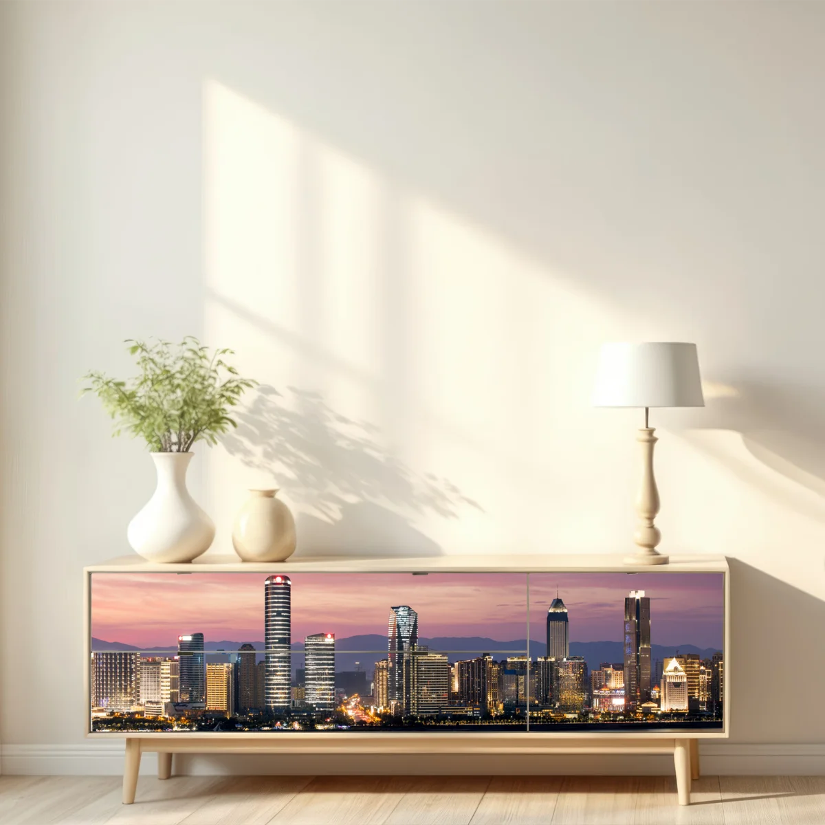 Repositionierbarer Aufkleber ruhige stadtskyline bei dämmerung Repositionierbarer Aufkleber ruhige stadtskyline bei dämmerung