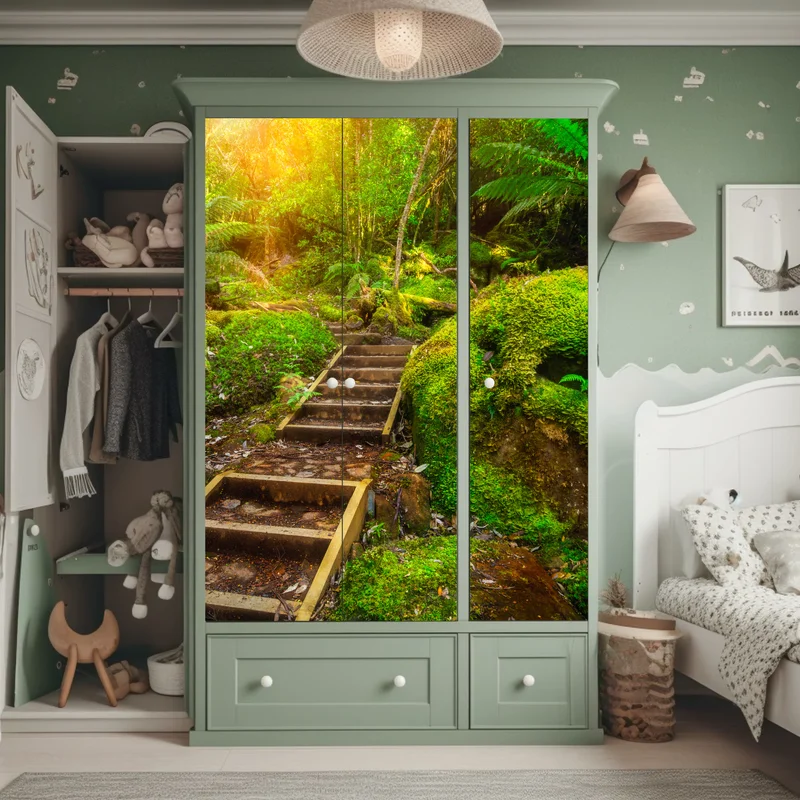 Schrankaufkleber moosiger regenwaldpfad auf der Tasman-Halbinsel