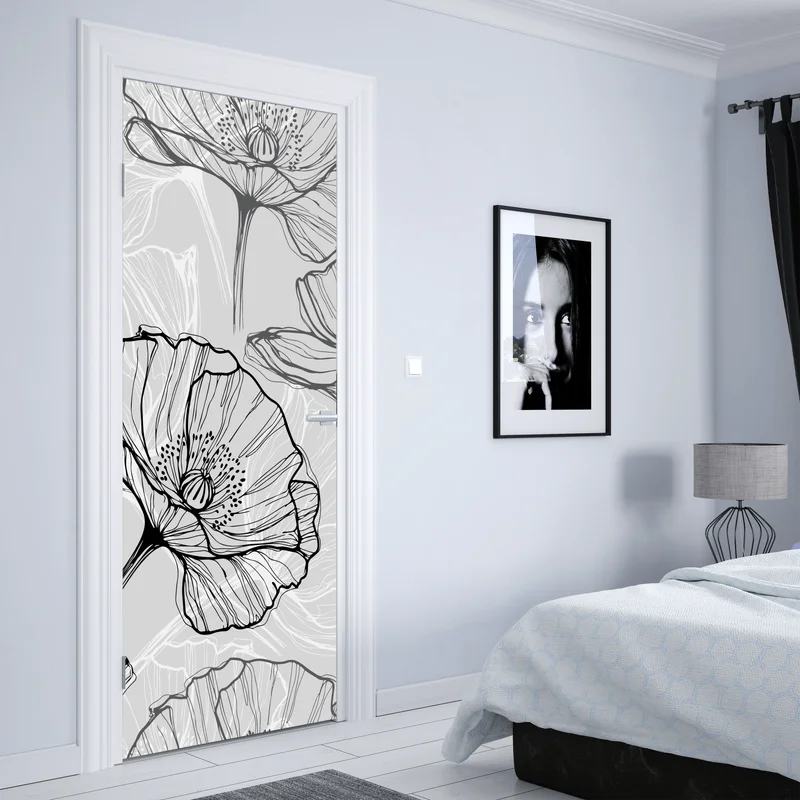 Türaufkleber zarter grauer mohn in linienzeichnung