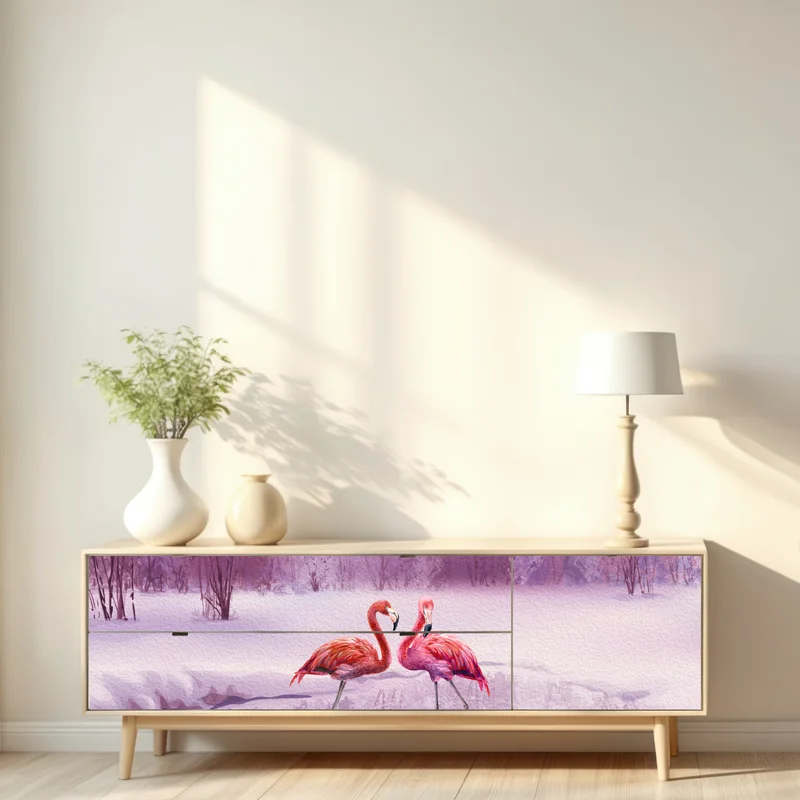 Repositionierbarer Aufkleber pastell flamingos über winterlichem see Repositionierbarer Aufkleber pastell flamingos über winterlichem see