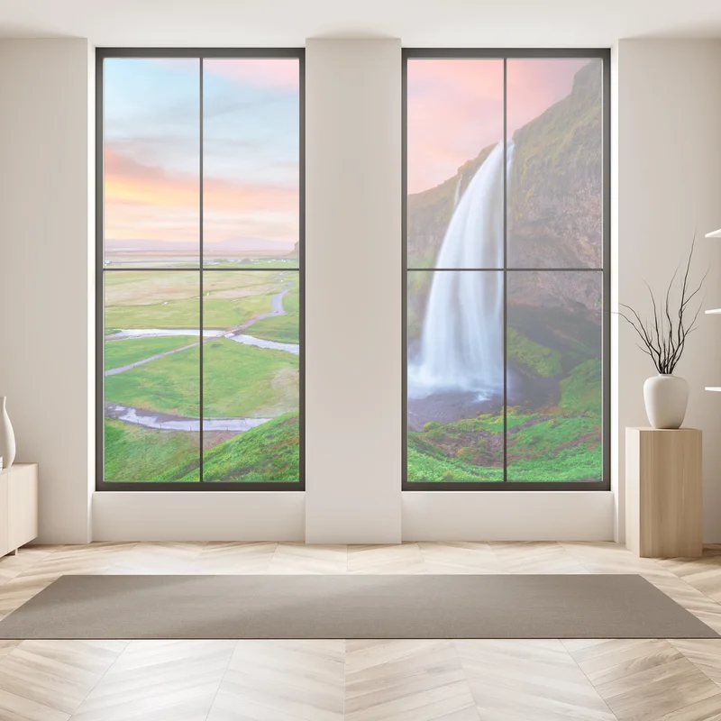 Fensteraufkleber wasserfall Seljalandsfoss bei sonnenuntergang Fensteraufkleber wasserfall Seljalandsfoss bei sonnenuntergang