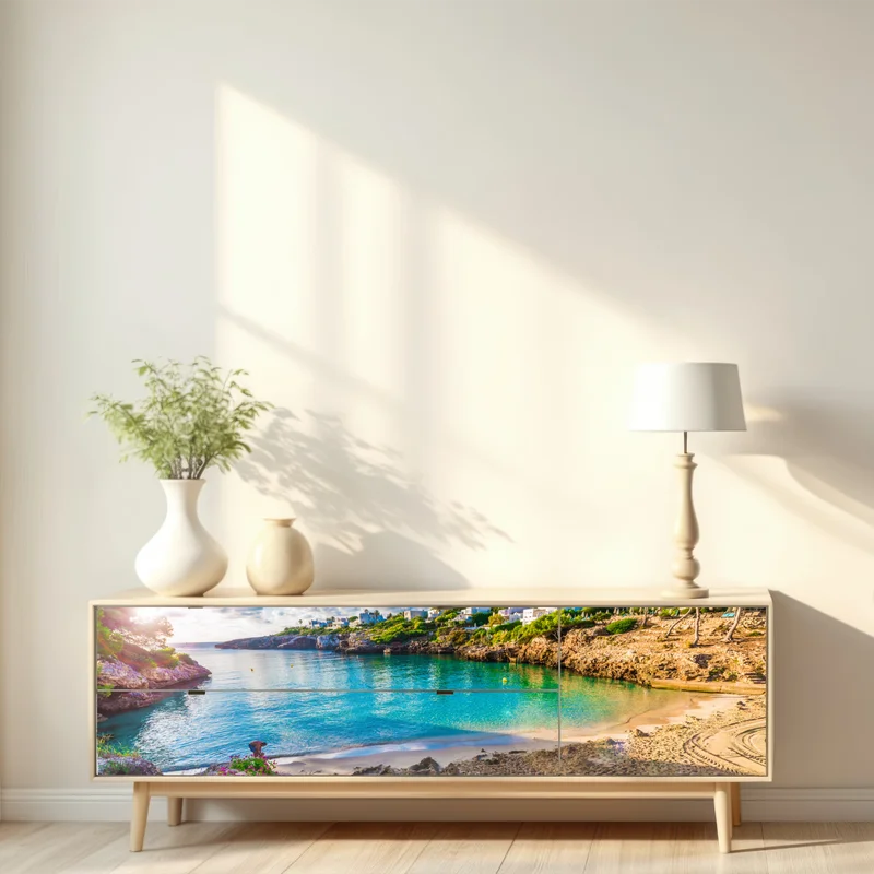 Repositionierbarer Aufkleber sonnige Cala Esmeralda türkisbucht