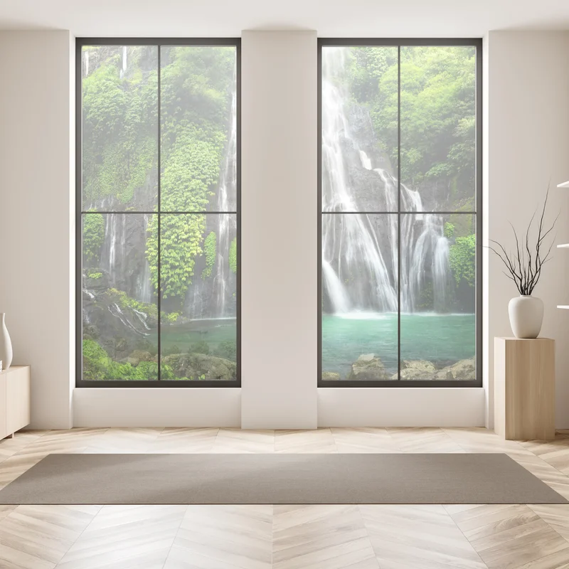 Fensteraufkleber ruhiger wasserfall im smaragdgrünen wald