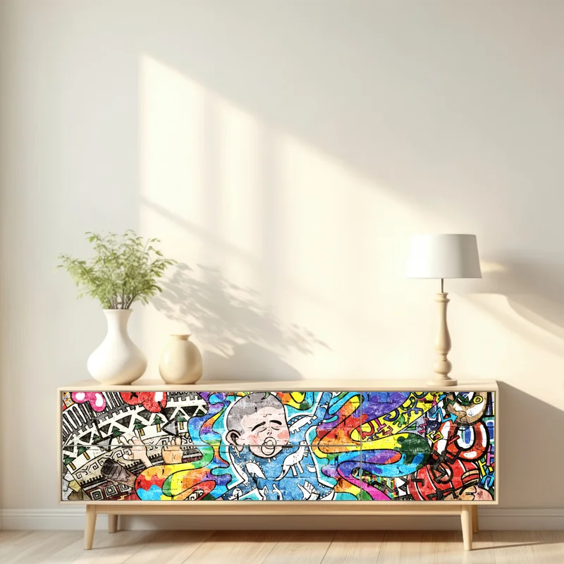 Repositionierbarer Aufkleber buntes graffiti-mural mit träumendem kind