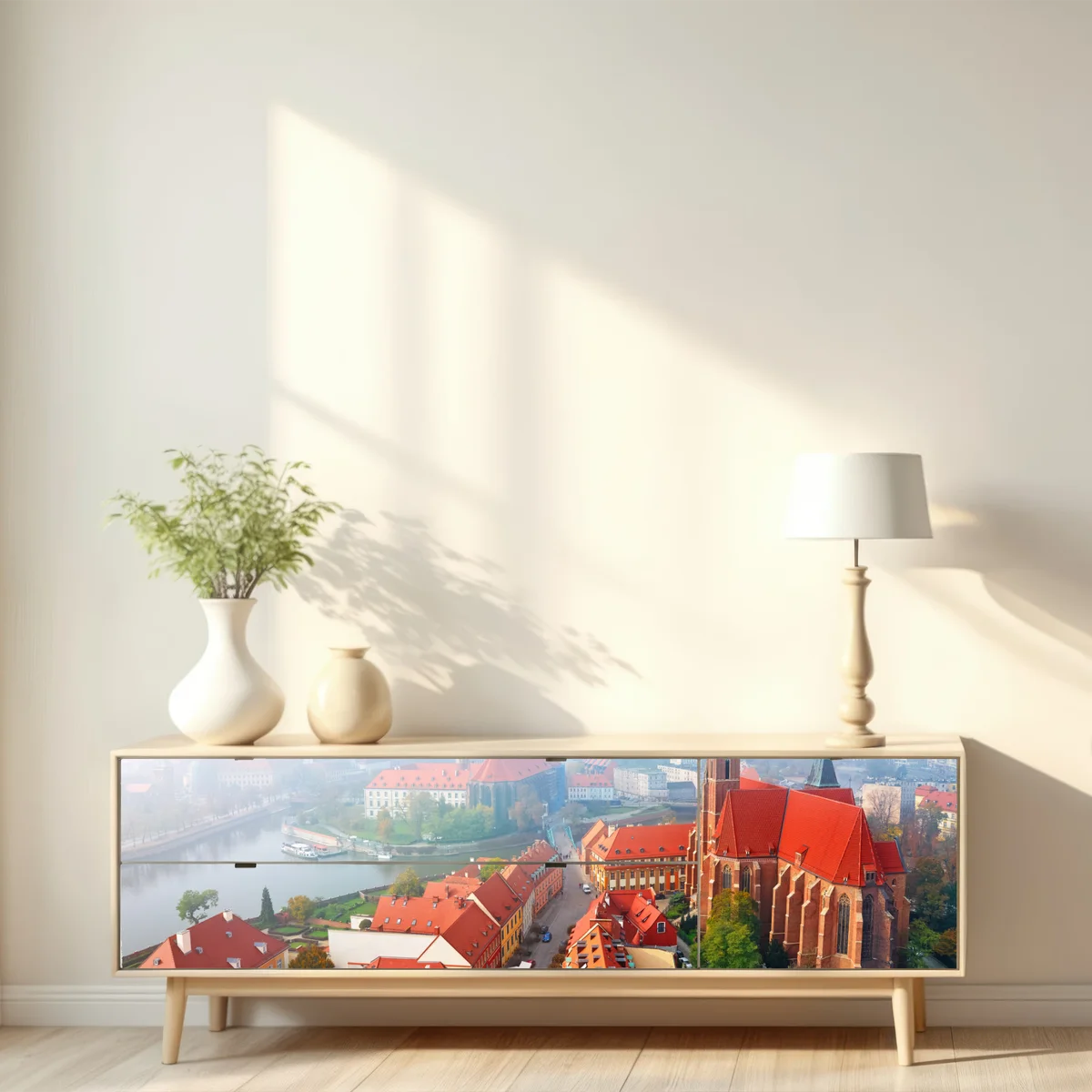 Repositionierbarer Aufkleber neblige europäische stadtszene mit roten dächern Repositionierbarer Aufkleber neblige europäische stadtszene mit roten dächern