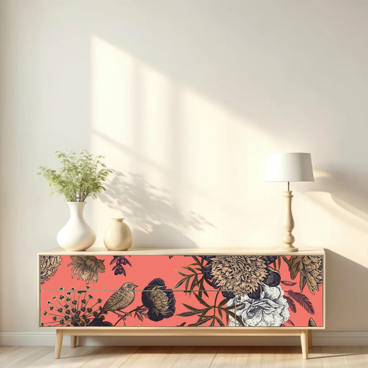 Repositionierbarer Aufkleber vintage blumenmuster mit vögeln auf korallenhintergrund • Repositionierbare Aufkleber bei Wallnifity® Repositionierbarer Aufkleber vintage blumenmuster mit vögeln auf korallenhintergrund • Repositionierbare Aufkleber bei Wallnifity®