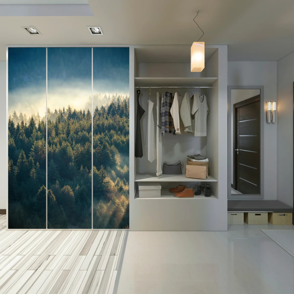 Schrankaufkleber nebliger kiefernwald im morgenlicht Schrankaufkleber nebliger kiefernwald im morgenlicht