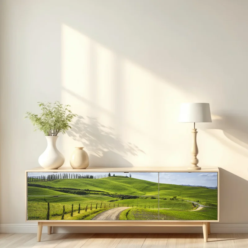 Repositionierbarer Aufkleber ländliche straße in der Toskana durch grüne hügel