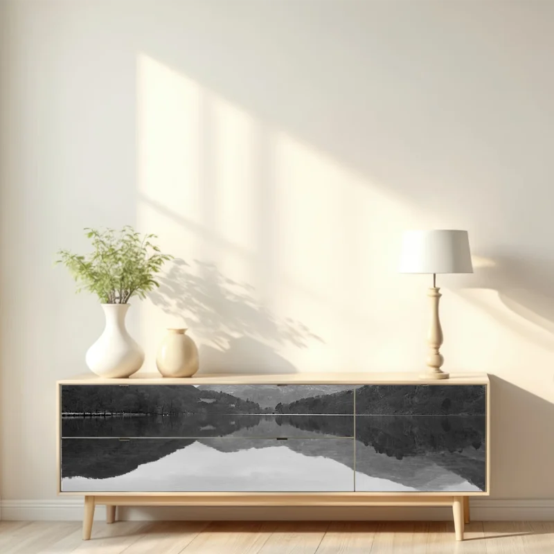 Repositionierbarer Aufkleber ruhiger bergsee mit spiegelung