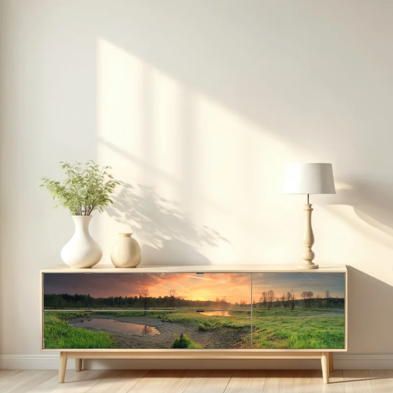 Repositionierbarer Aufkleber sonnenuntergang über einer ruhigen wiese