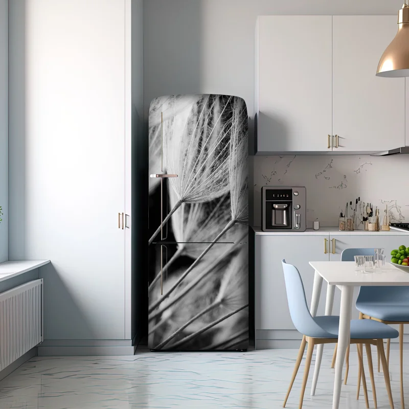 Kühlschrankaufkleber zarte nahaufnahme von löwenzahnsamen in monochrom