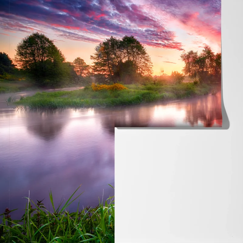 Fototapete ruhiger sommer sonnenaufgang am flussufer Fototapete ruhiger sommer sonnenaufgang am flussufer